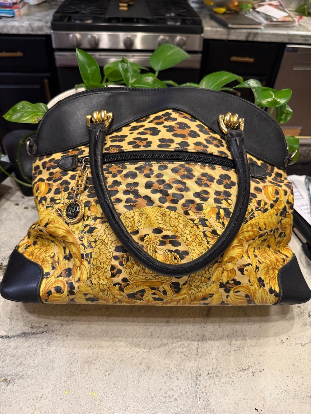 Gianni Versace Black and Gold Baroque Leopard Print Satchel